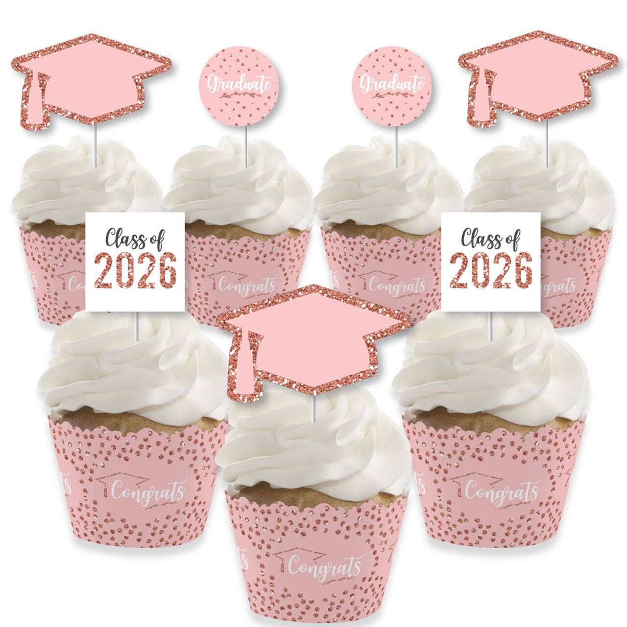 Big Dot of Happiness Rose Gold Grad - Cupcake Decoration - 2026 Graduation Party Cupcake Wrappers and Treat Picks Kit - Set of 24